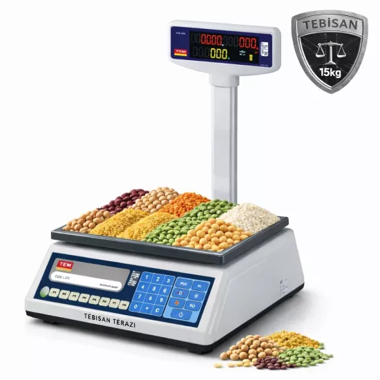 Fiyat Hesaplamalı Terazi 15 Kg 2/5 Gr | TEM EGE LED V2 Boyunlu Pazarcı Manav Market Terazisi