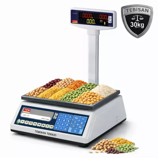 Fiyat Hesaplamalı Terazi 30 Kg 5/10 Gr | TEM EGE LED V2 Boyunlu Pazarcı Manav Market Terazisi