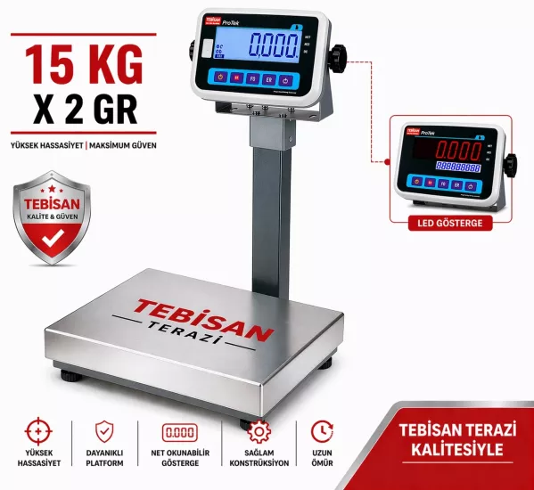Paslanmaz Boyunlu Terazi 15 Kg 2 Gr | TEM EKO 28x35 Endüstriyel Tartım Terazisi