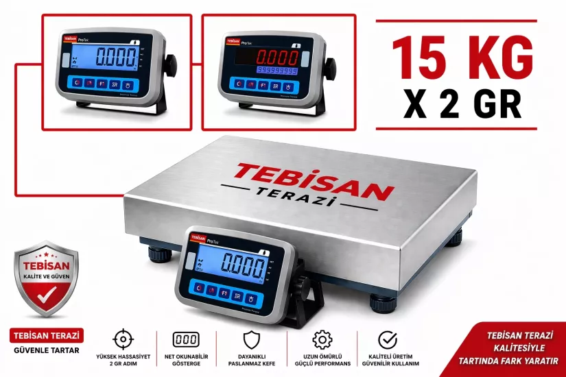 Paslanmaz Düz Terazi 15 Kg 2 Gr | TEM EKO 28x35 Endüstriyel Tartım Terazisi