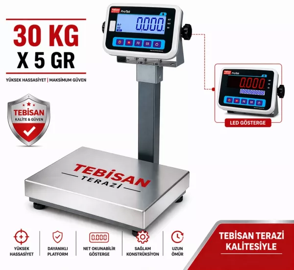 Paslanmaz Boyunlu Terazi 30 Kg 5 Gr | TEM EKO 28x35 Endüstriyel Tartım Terazisi