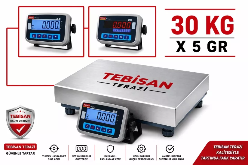Paslanmaz Düz Terazi 30 Kg 5 Gr | TEM EKO 28x35 Endüstriyel Tartım Terazisi