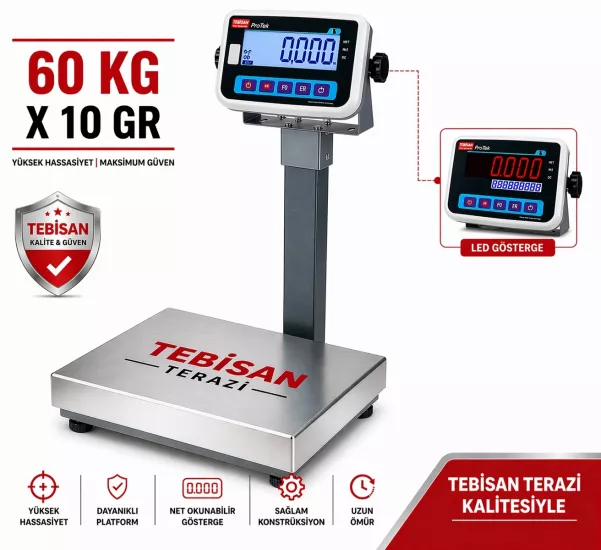 Paslanmaz Boyunlu Terazi 60 Kg 10 Gr | TEM EKO 28x35 Endüstriyel Tartım Terazisi