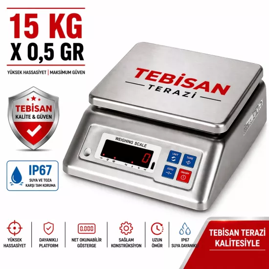Paslanmaz Suya Dayanıklı Terazi 15 Kg 0,5 Gr | TEM JZC Endüstriyel Tartım Terazisi