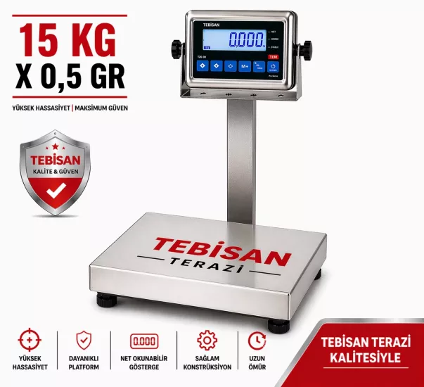 Paslanmaz Boyunlu Terazi 15 Kg 0,5 Gr | TEM TEB 28x35 Endüstriyel Tartım Terazisi