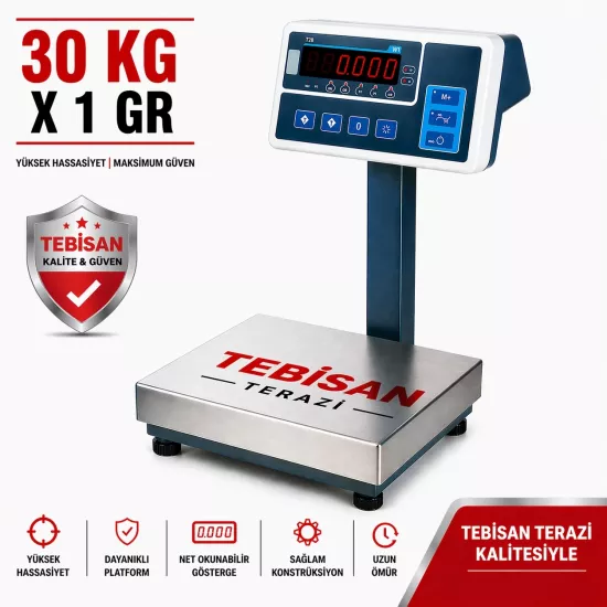Paslanmaz Boyunlu Terazi 30 Kg 1 Gr | TEM TEB 28x35 Endüstriyel Tartım Terazisi