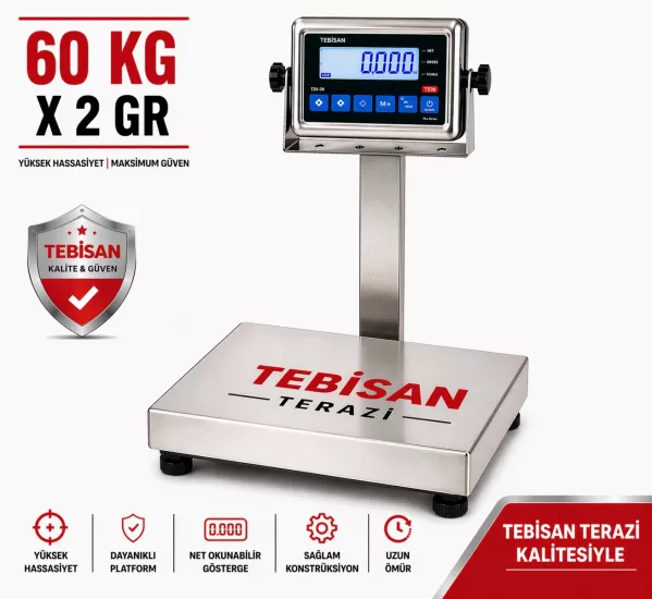 Paslanmaz Boyunlu Terazi 60 Kg 2 Gr | TEM TEB 28x35 Endüstriyel Tartım Terazisi