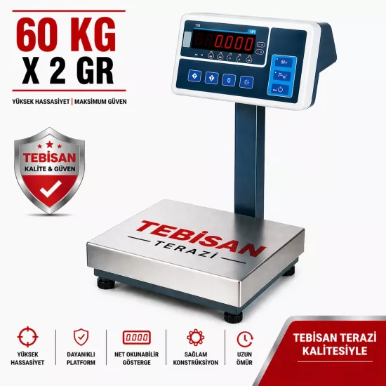 Paslanmaz Boyunlu Terazi 60 Kg 2 Gr | TEM TEB 28x35 Endüstriyel Tartım Terazisi