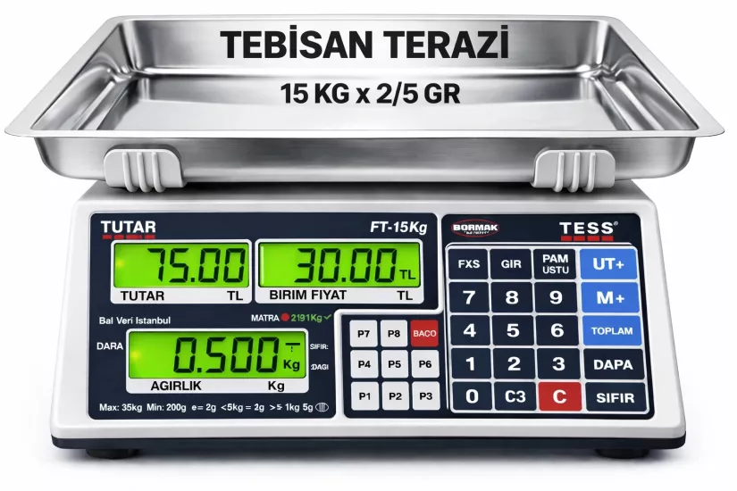 Fiyat Hesaplamalı Terazi 15 Kg 2/5 Gr | TESS PT Çukur Kefeli Pazarcı Manav Market Terazisi