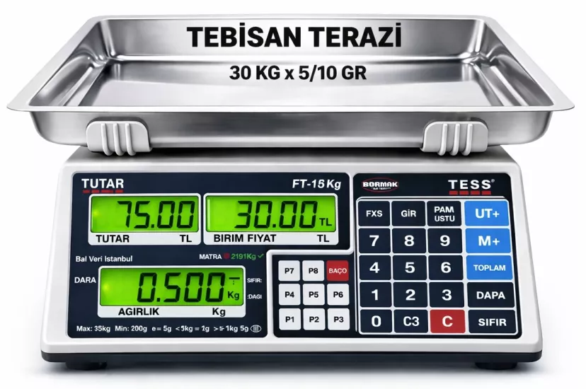 TESS 30 kg kapasiteli 5/10 gr hassasiyetli fiyat hesaplamalı terazi. TESS PT modeli; pazarcı, manav ve market kullanımı için ideal, hızlı ve güvenilir tartım çözümüdür. Ticari kullanım için uygundur!
