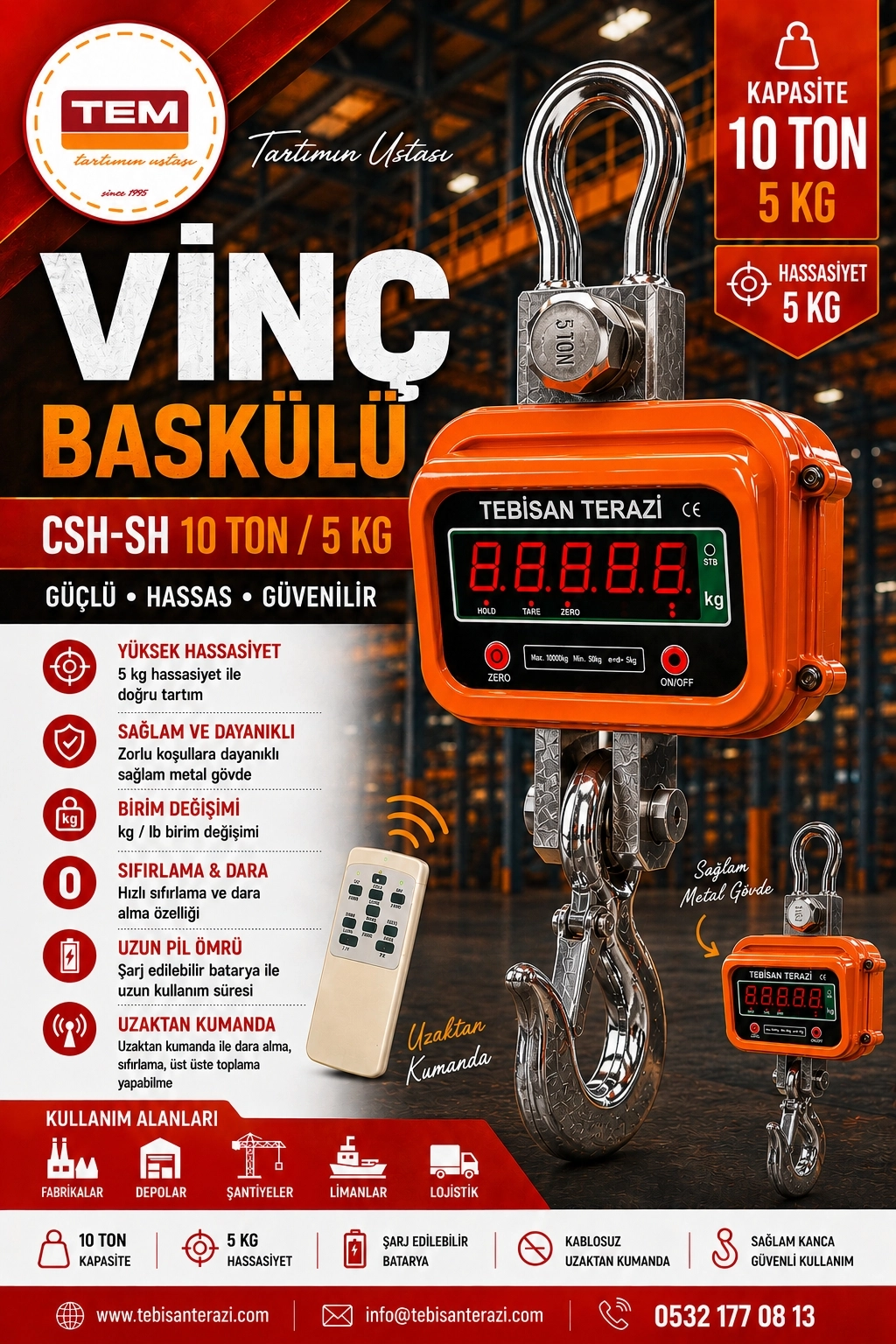 TEM VİNÇ BASKÜLÜ 10TON 5KG TARTIM CSH-SH