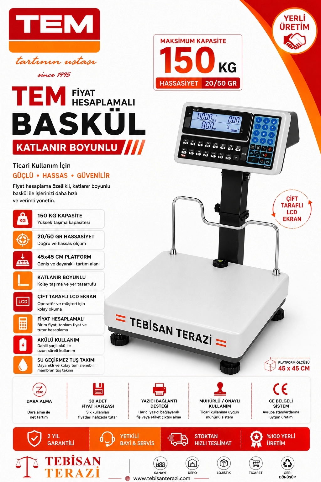 TEM 150KG 20/50GR KATLANIR BOYUNLU FİYAT HESAPLAMALI BASKÜL 45x45 CM
