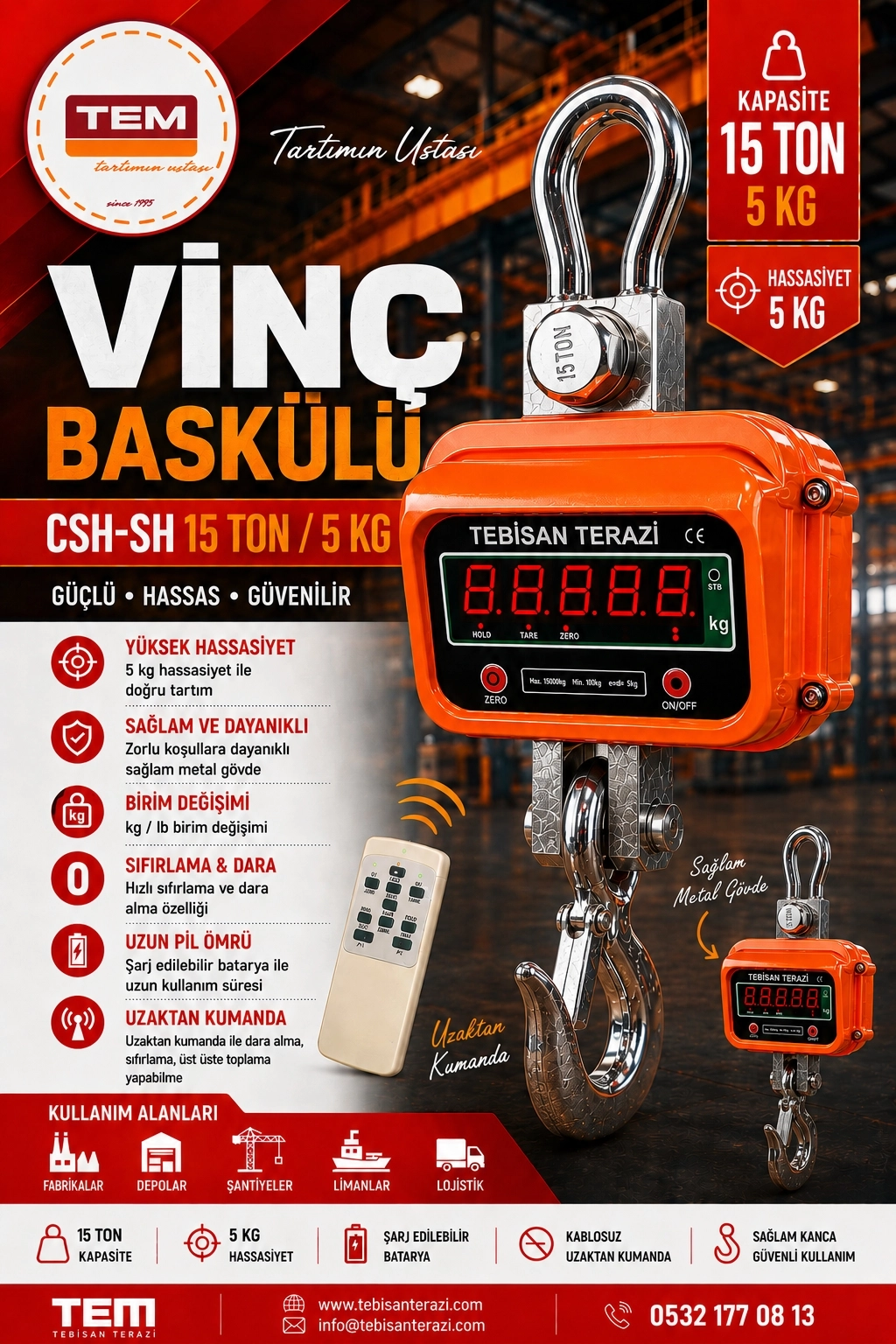 TEM VİNÇ BASKÜLÜ 15TON 5KG TARTIM CSH-SH