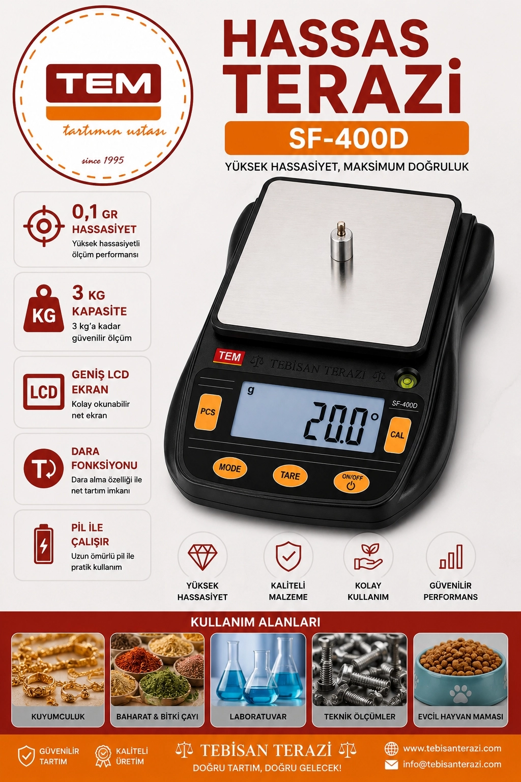 TEM SF400D 3KG 0,1GR HASSAS TERAZİ