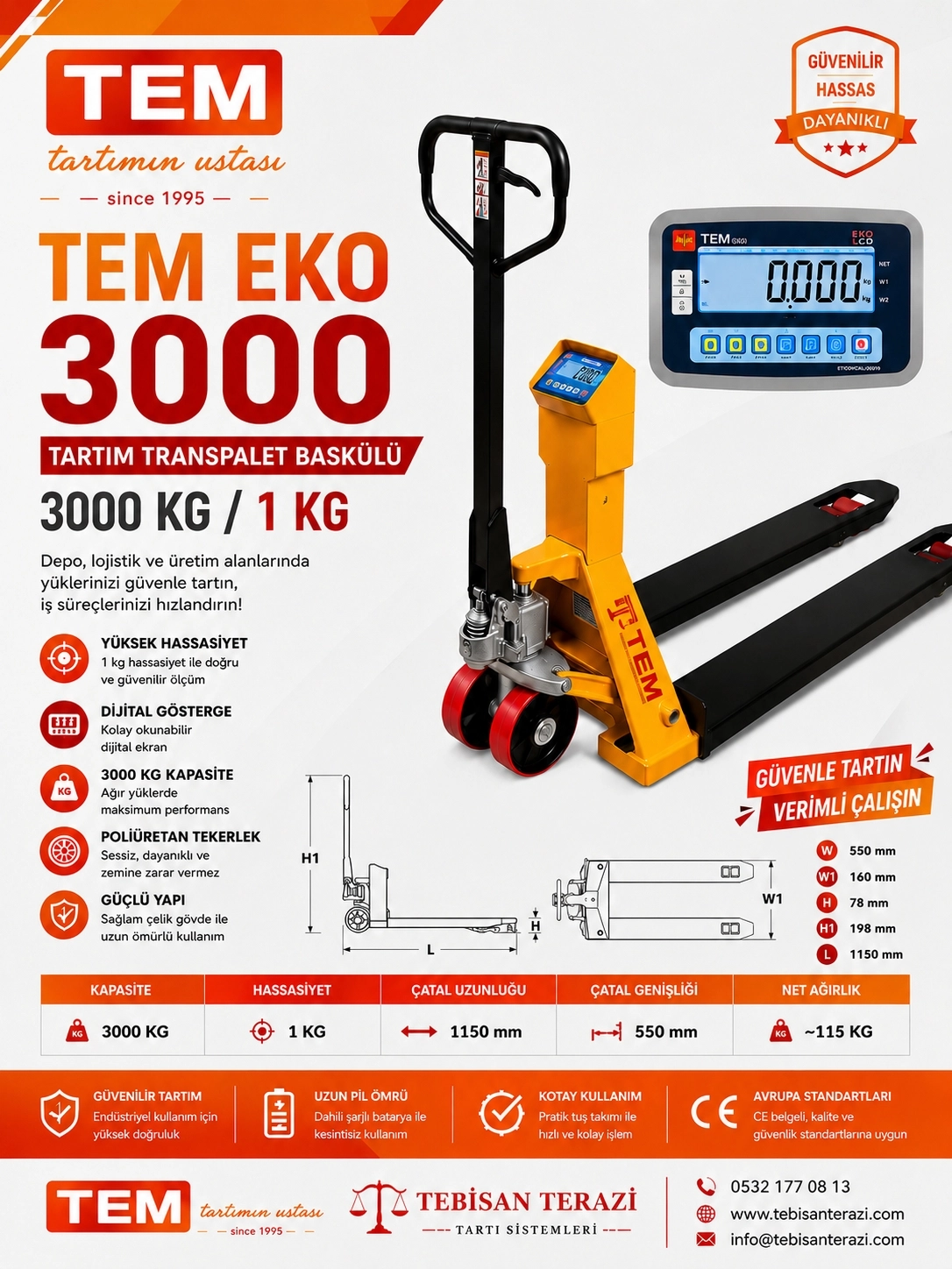 TEM EKO 3000 KG 1 KG TARTIM TRANSPALET BASKÜLÜ