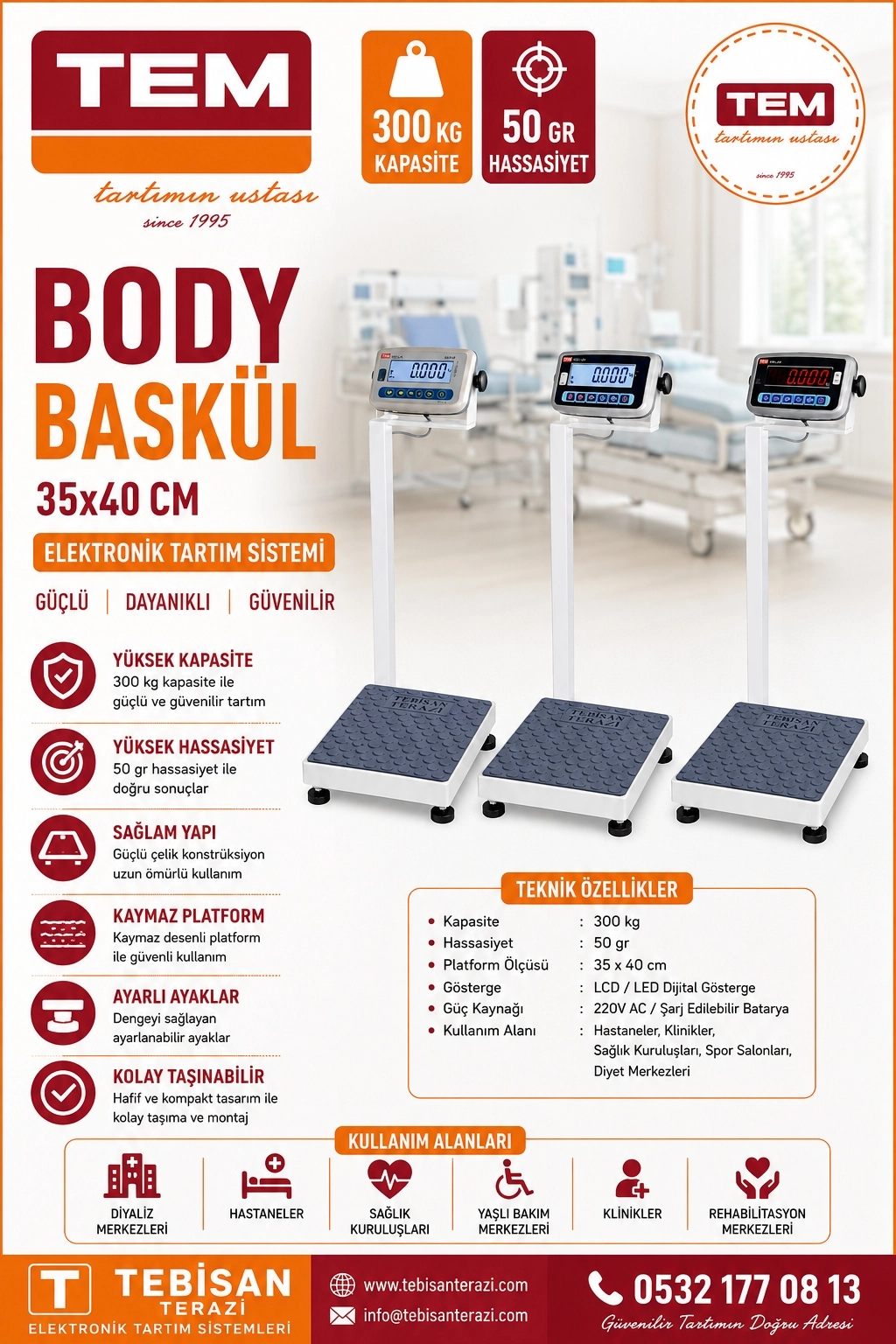 TEM BODY BASKÜL 300KG 50GR 35x40 TARTIM EKO