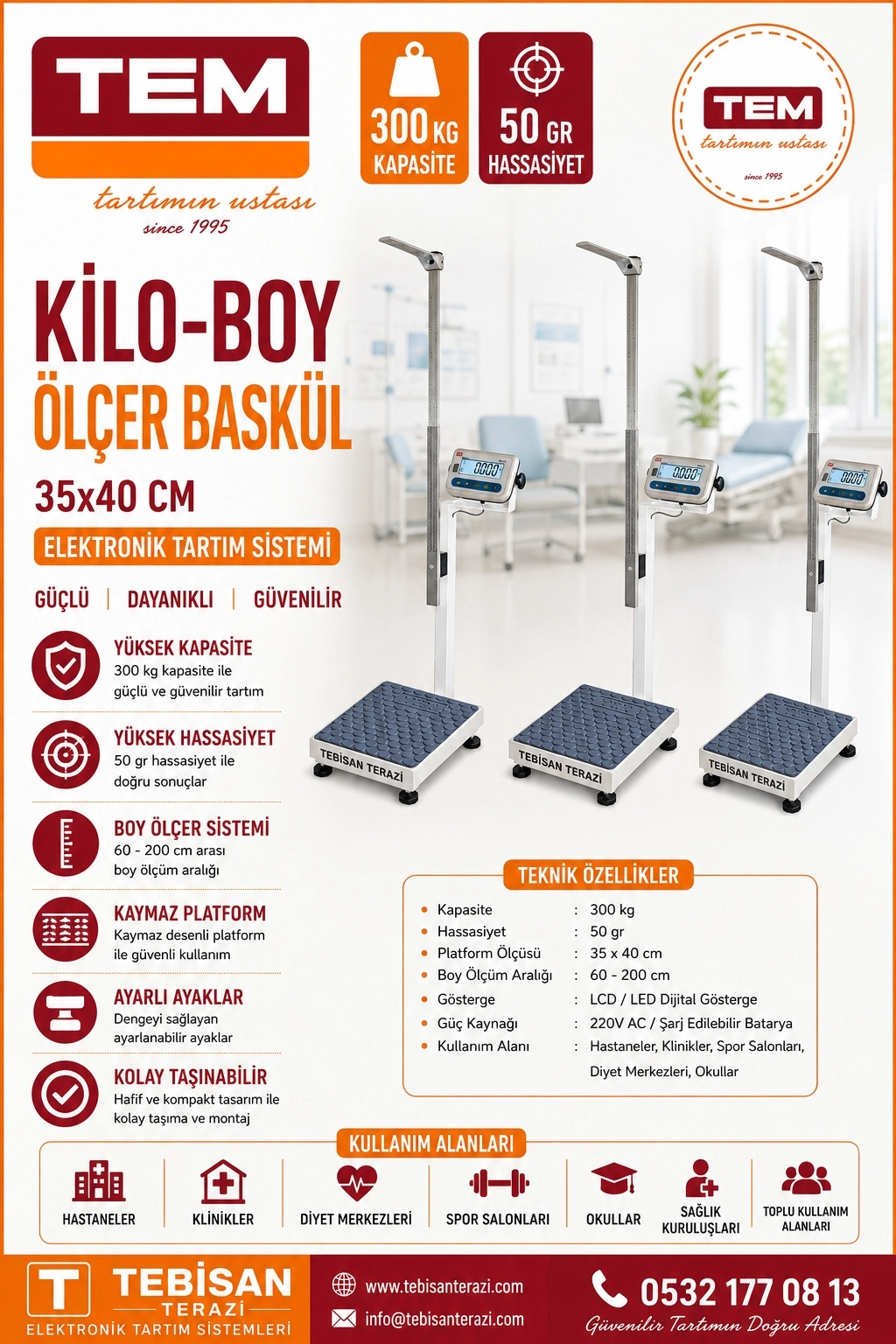 TEM KİLO BOY ÖLÇER BASKÜL 300KG 50GR 35x40 TARTIM EKO