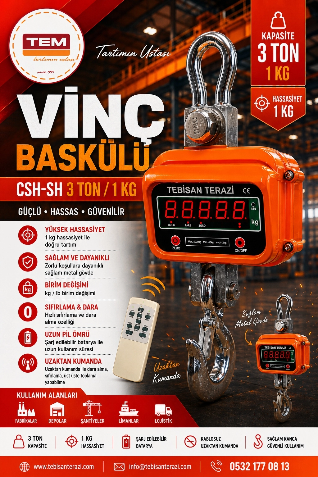 TEM VİNÇ BASKÜLÜ 3TON 1KG TARTIM CSH-SH