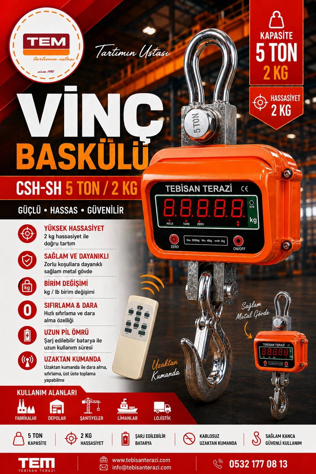 TEM VİNÇ BASKÜLÜ 5TON 2KG TARTIM CSH-SH