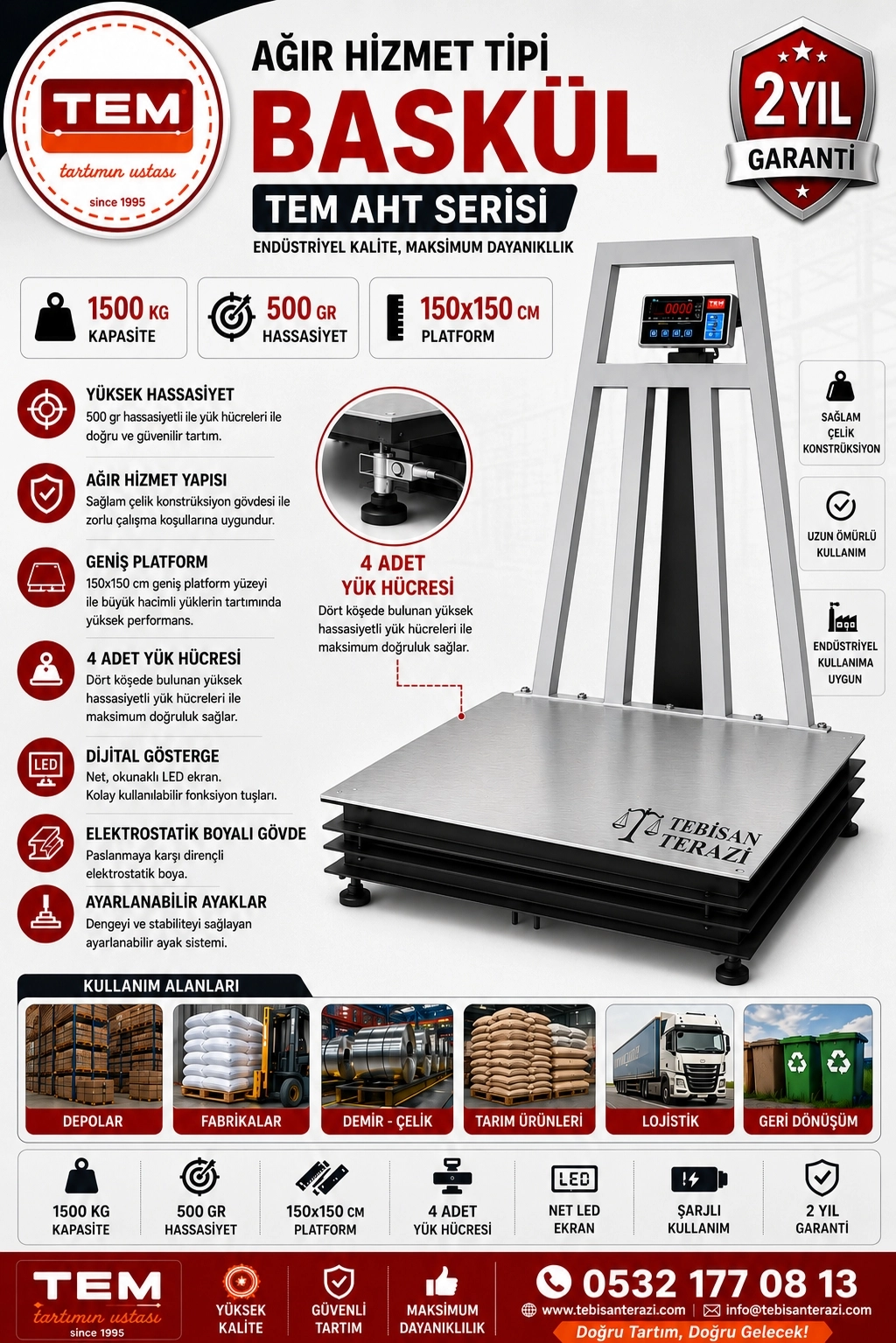 TEM AHT 1500KGx500GR 150x150 AĞIR HİZMET TİPİ BASKÜL