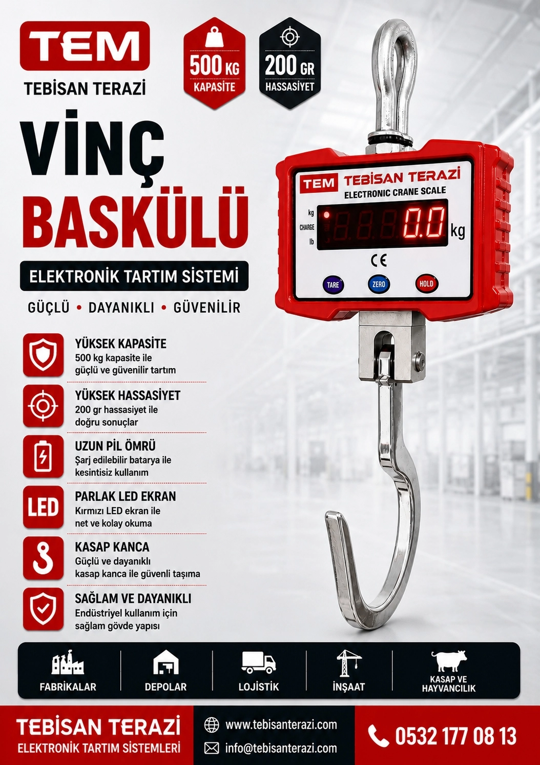 TEM ÇENGEL BASKÜLÜ 500KG 200GR KASAP KANCALI TARTIM CSH