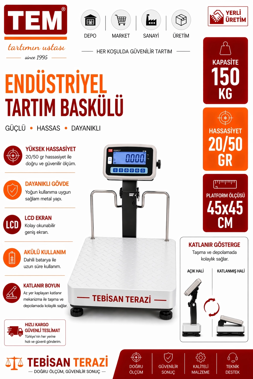 TEM EKO 150KG 20/50GR KATLANIR BOYUNLU BASKÜL 45x45 CM