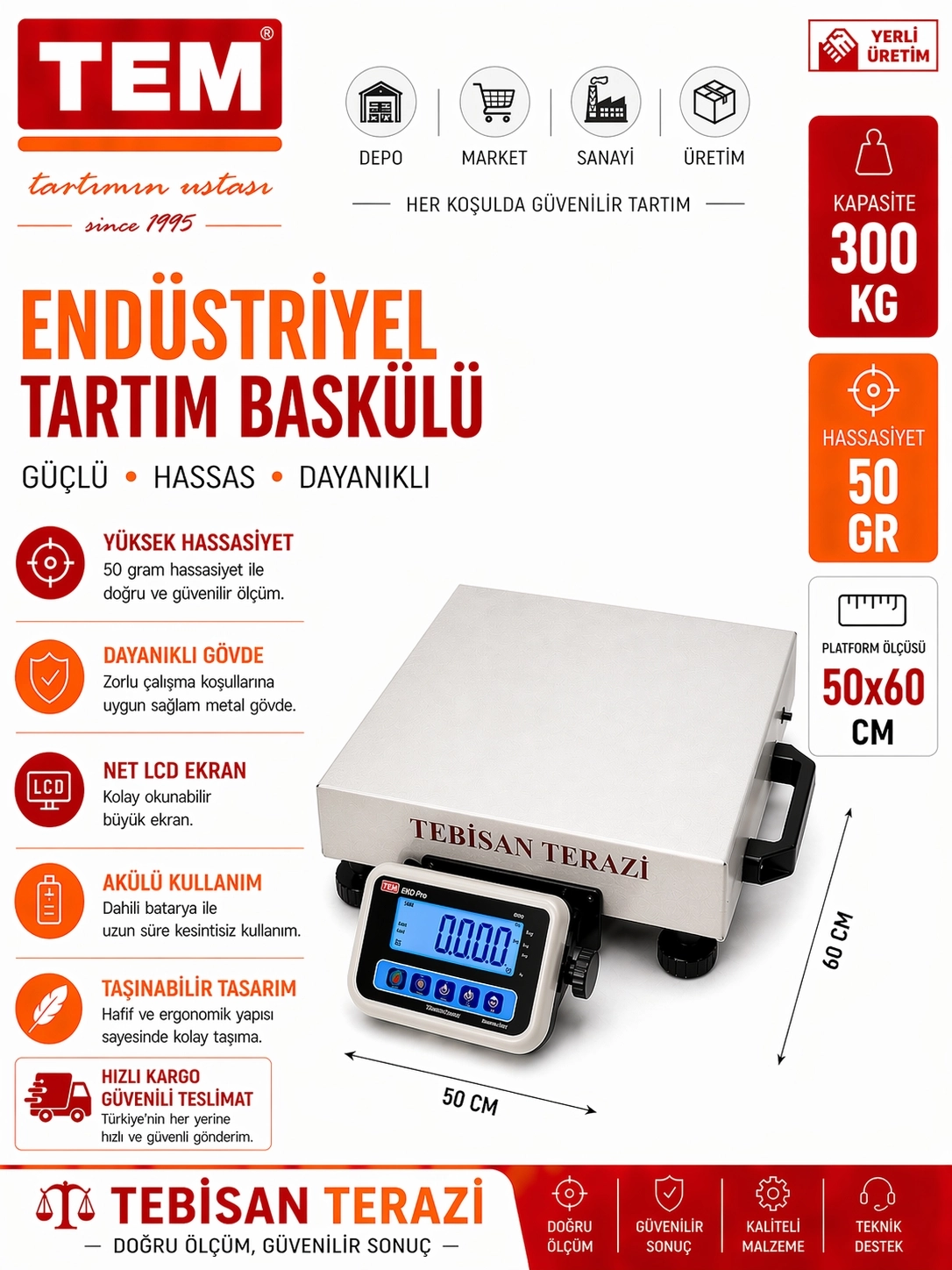 TEM EKO 300KG 50GR TAŞINABİLİR BASKÜL 50x60 CM