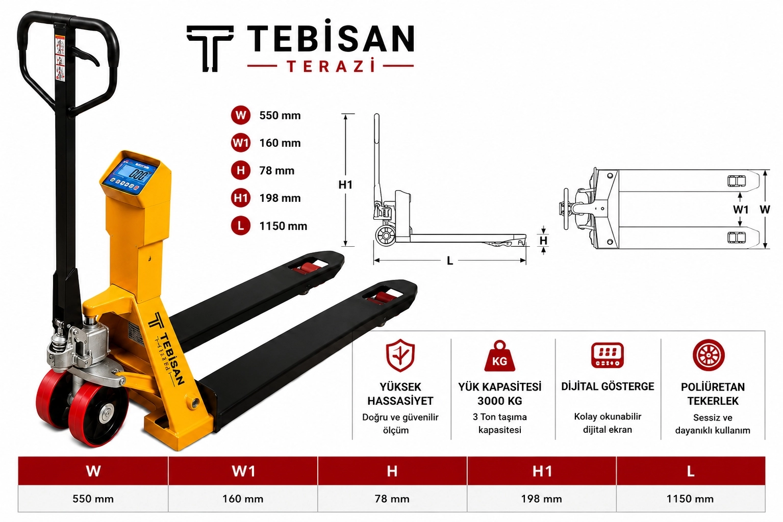 TEM EKO 3000 KG 1 KG TARTIM TRANSPALET BASKÜLÜ
