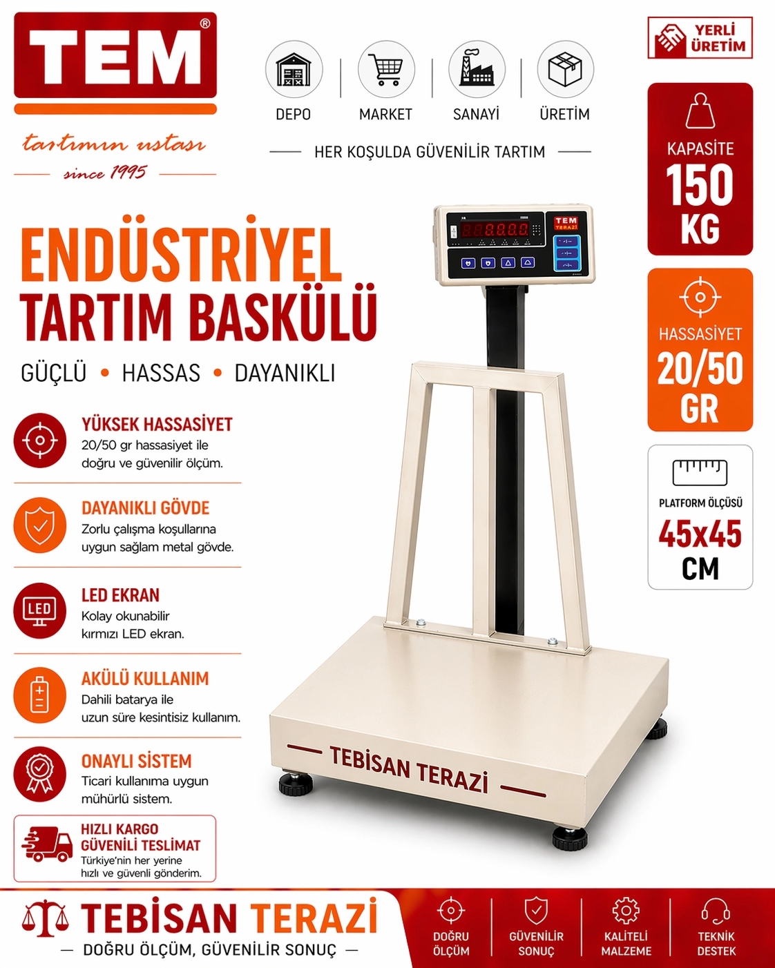 TEM TEB 150KG 20/50GR ONAYLI BASKÜL 45x45 CM