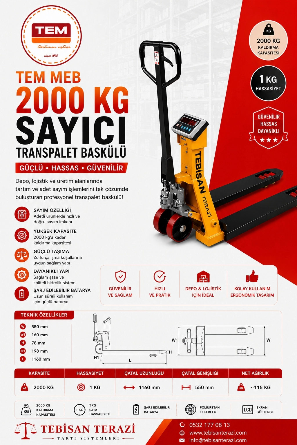TEM MEB 2000 KG 1 KG SAYICI TRANSPALET BASKÜLÜ