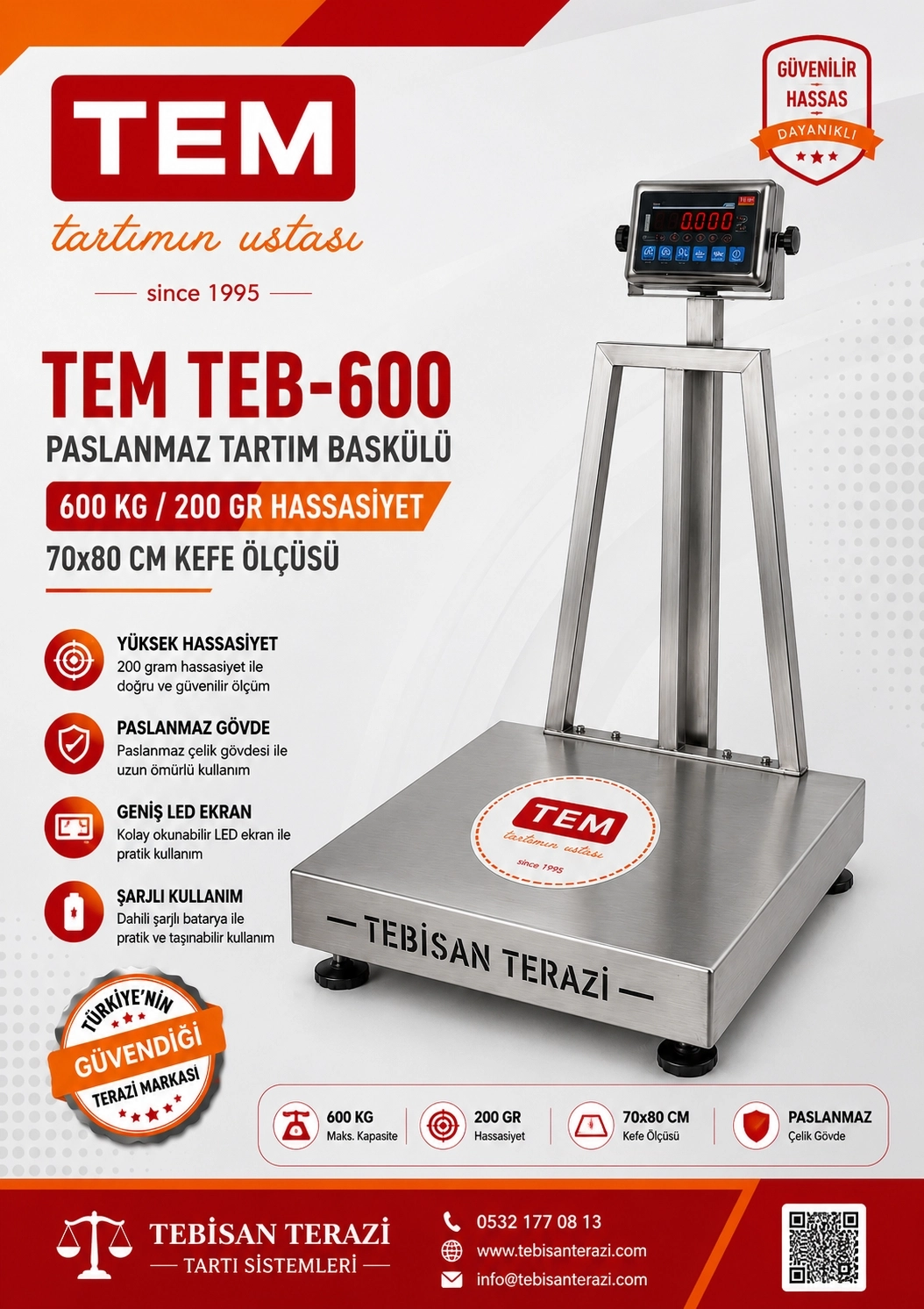 TEM TEB 600 KG 200 GR FULL PASLANMAZ TARTIM BASKÜLÜ 70X80