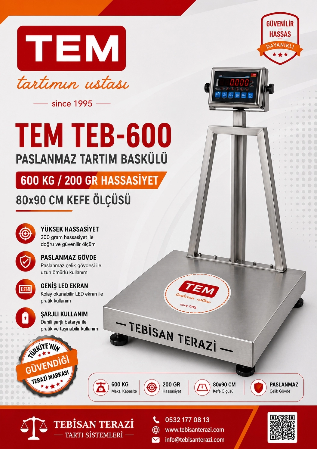 TEM TEB 600 KG 200 GR FULL PASLANMAZ TARTIM BASKÜLÜ 80X990