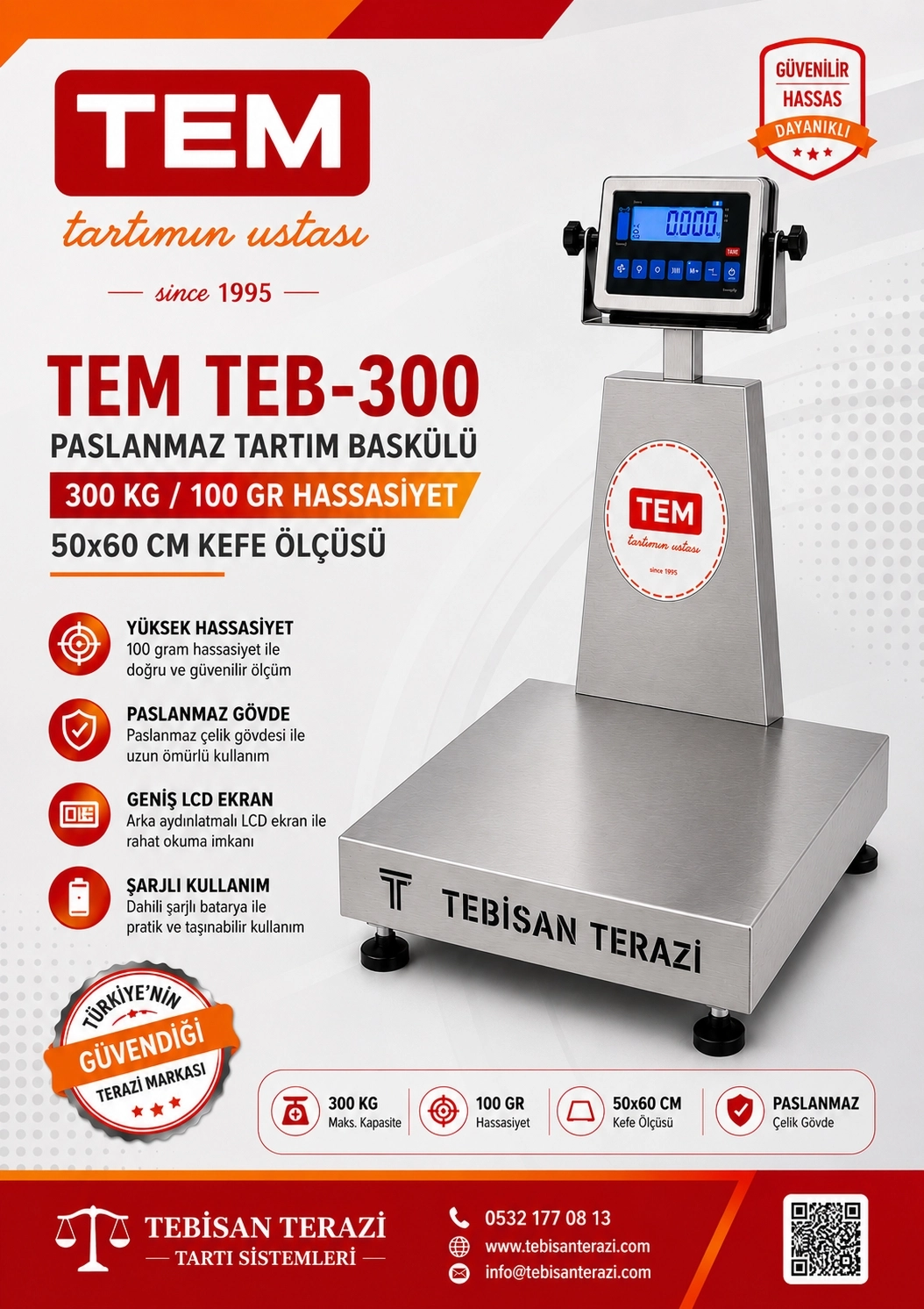 TEM TEB 300 KG 100 GR FULL PASLANMAZ TARTIM BASKÜLÜ 50X60