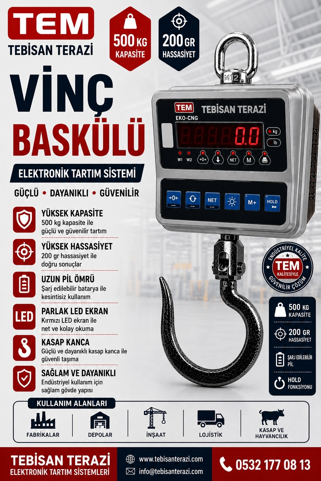 TEM ÇENGEL BASKÜLÜ 500KG 200GR KASAP KANCALI TARTIM TEB