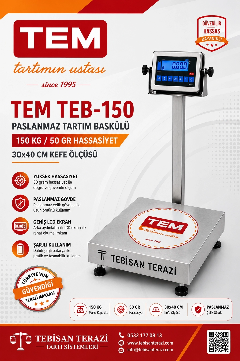 TEM TEB 150 KG 50 GR PASLANMAZ TARTIM BASKÜLÜ 30X40