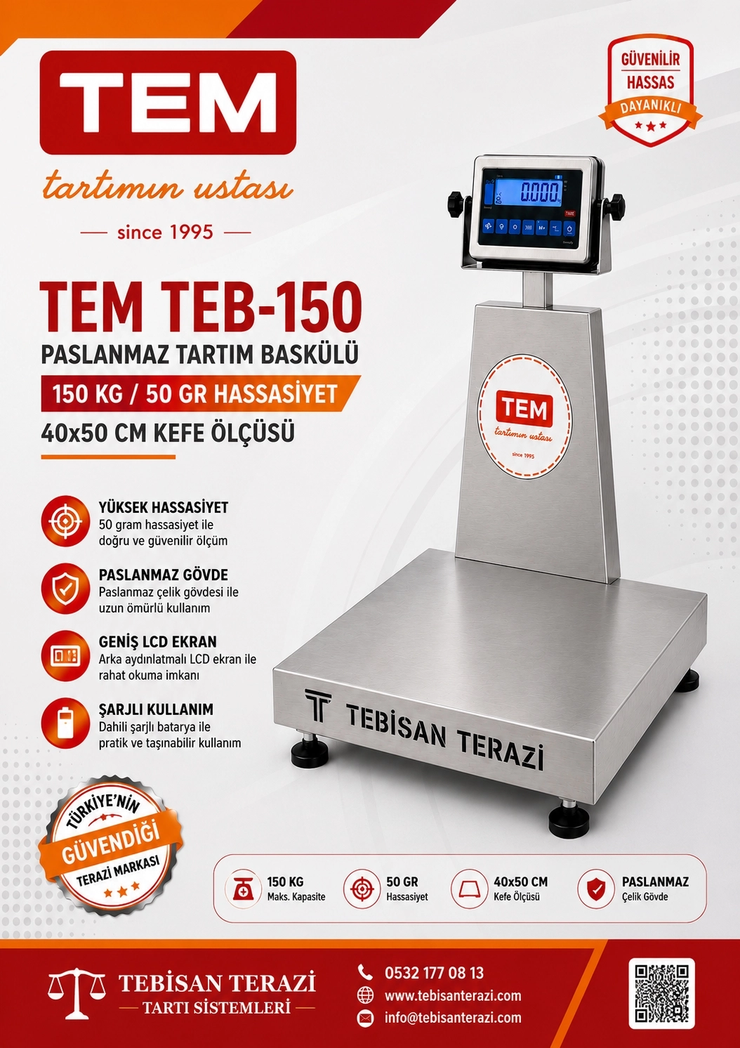 TEM TEB 150 KG 50 GR PASLANMAZ TARTIM BASKÜLÜ 40X50