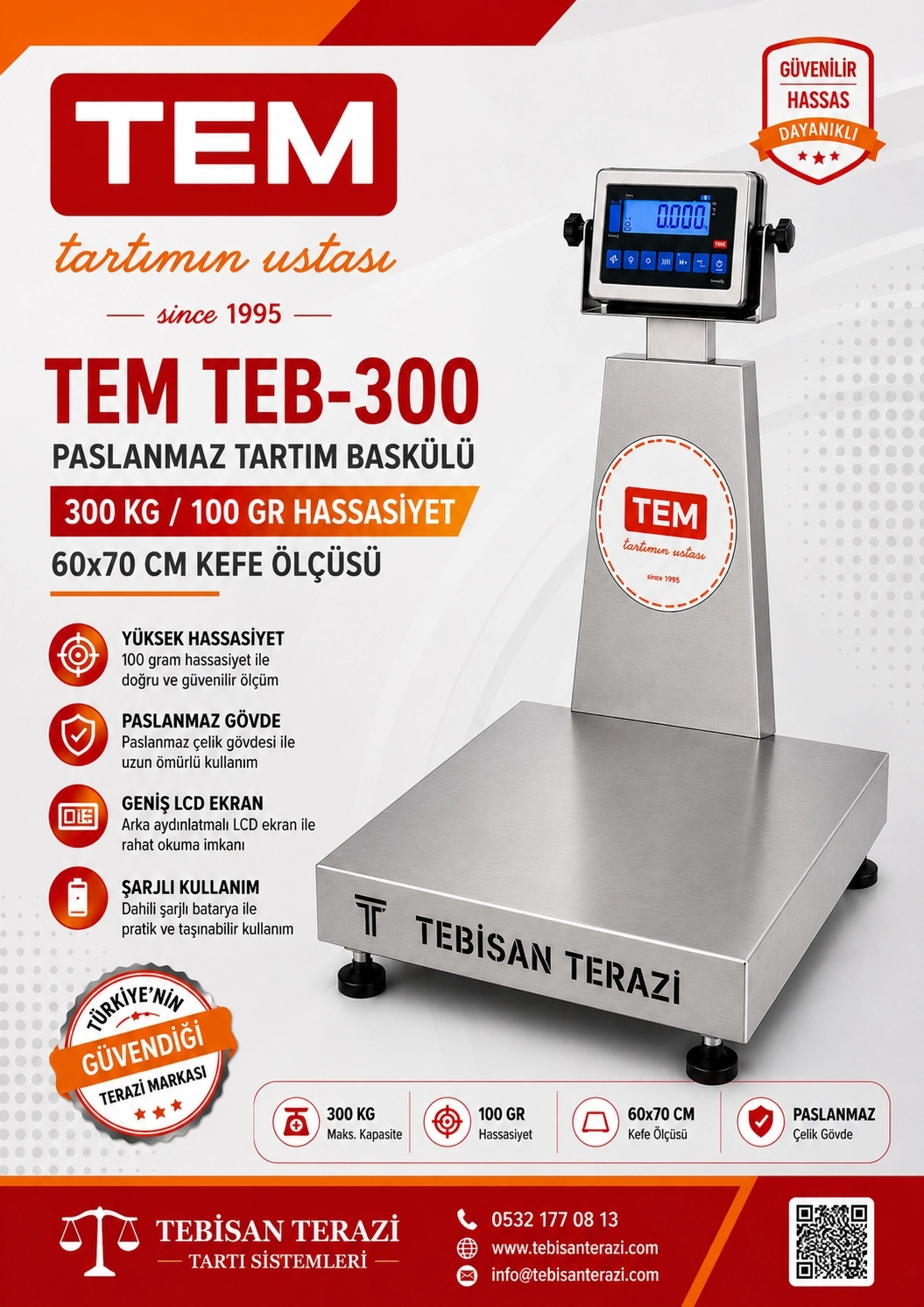 TEM TEB 300 KG 100 GR FULL PASLANMAZ TARTIM BASKÜLÜ 60X70