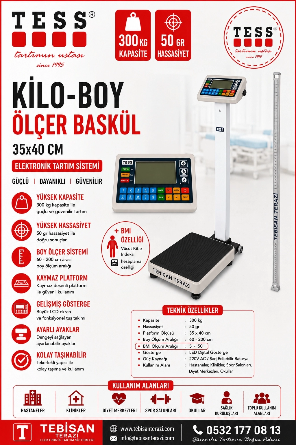 TESS KİLO BOY ÖLÇER BASKÜL BMI 300KG 50GR 35x40 TARTIM RP