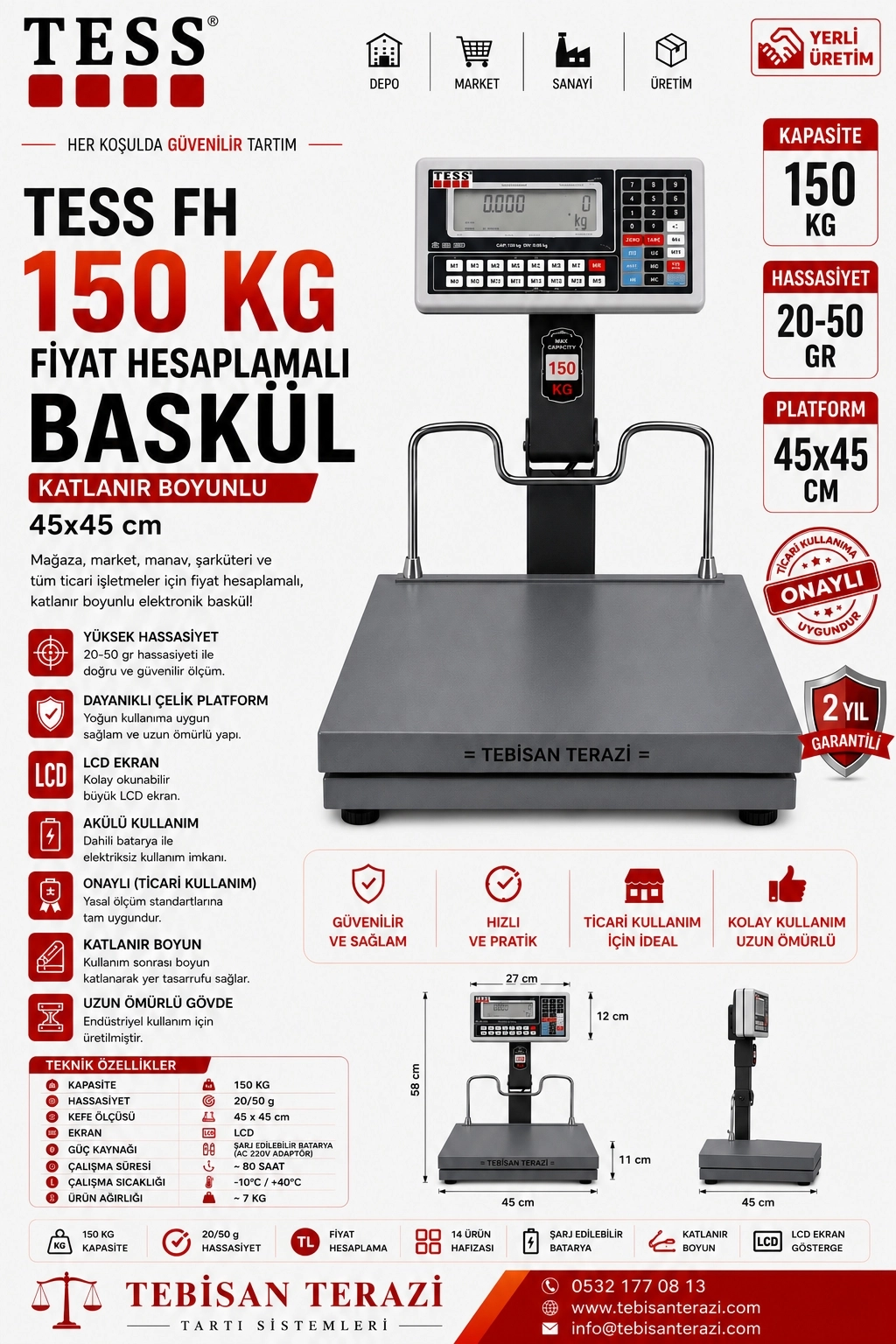 TESS FH 150KG 20/50GR KATLANIR BOYUNLU FİYAT HESAPLAMALI BASKÜL 45x45 CM