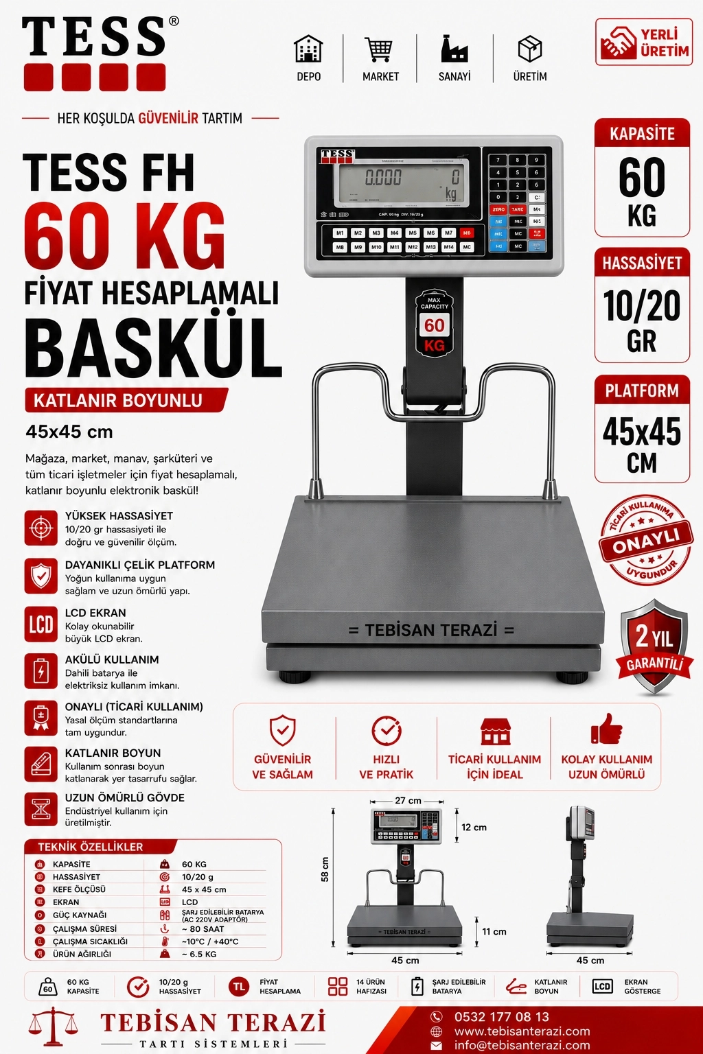 TESS FH 60KG 10/20GR KATLANIR BOYUNLU FİYAT HESAPLAMALI BASKÜL 45x45 CM
