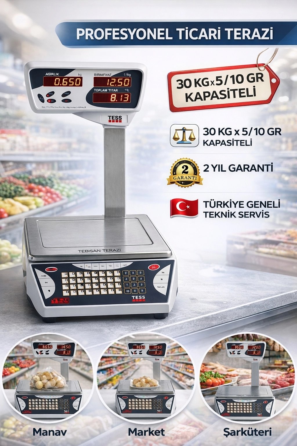 TESS MT-30KG 5/10GR BOYUNLU FİYAT HESAPLAMALI TERAZİ